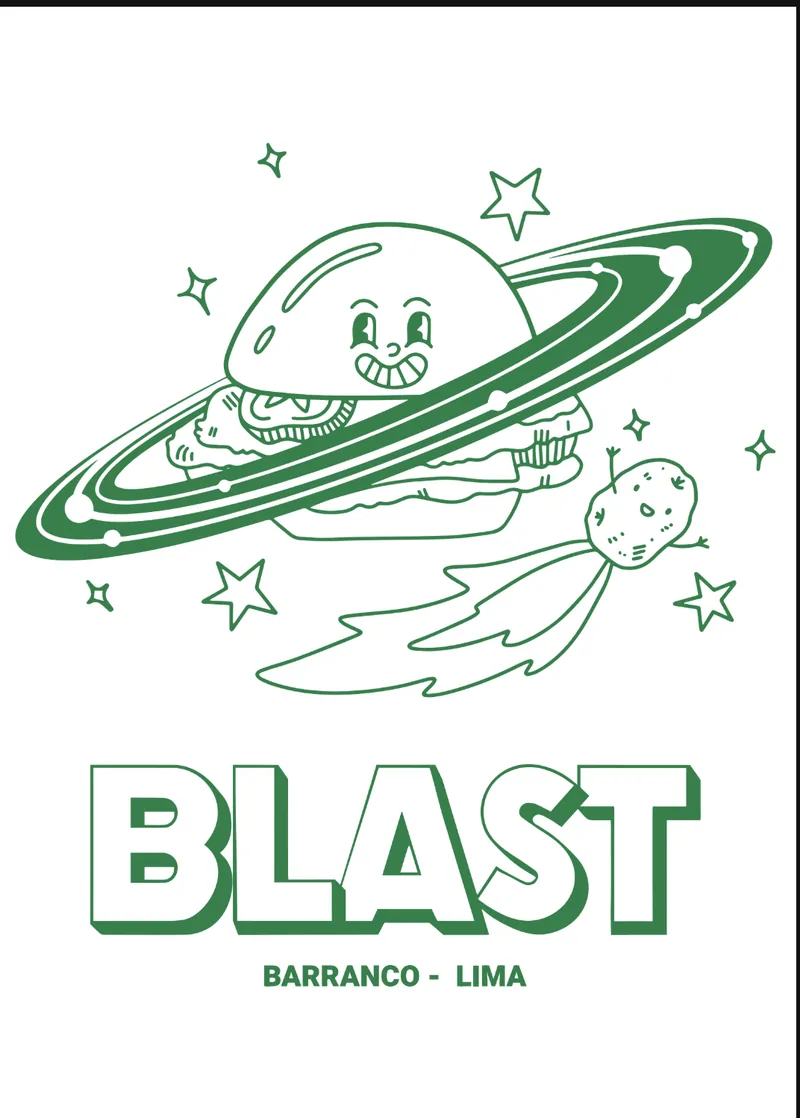 Ilustración de Blast: una hamburguesa sonriente con anillos de planeta, Barranco - Lima